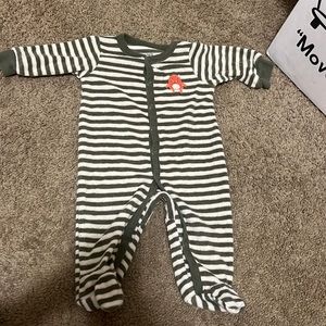 Green and white striped monster onesie